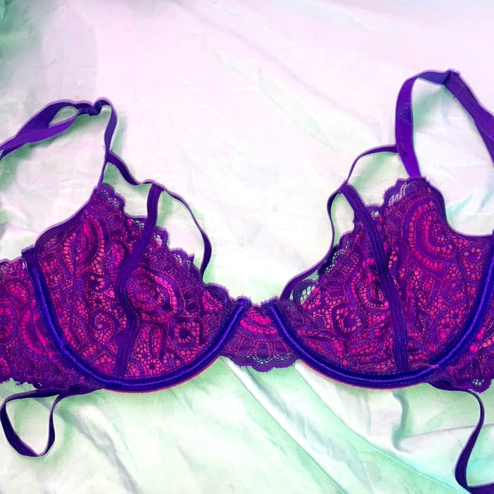 Fuschia pink and purple lace bra